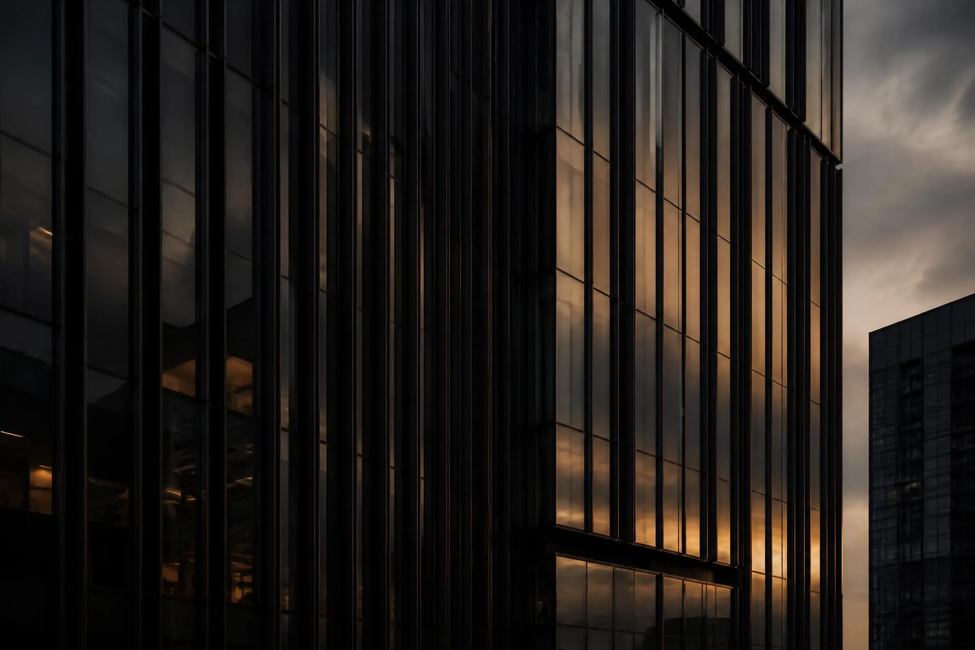 Fachada corporativa contemporânea em vidro fumê ao anoitecer, com linhas verticais e luz dourada